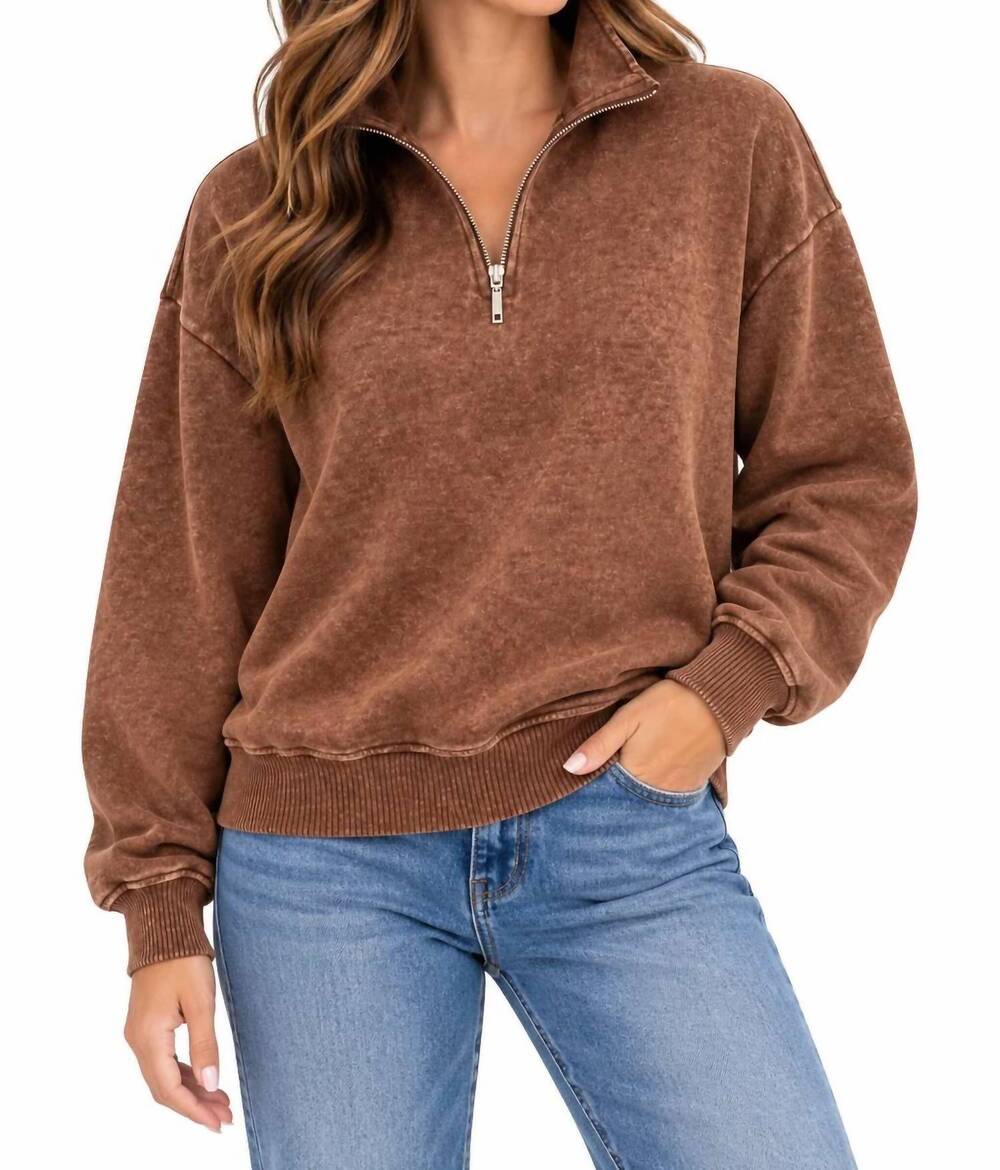 NEW ZENANA acid wash fleece half zip pullover top in chocolate
